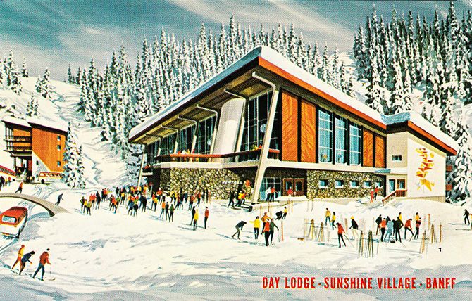 a ski lodge with skiers and snowboarders outside