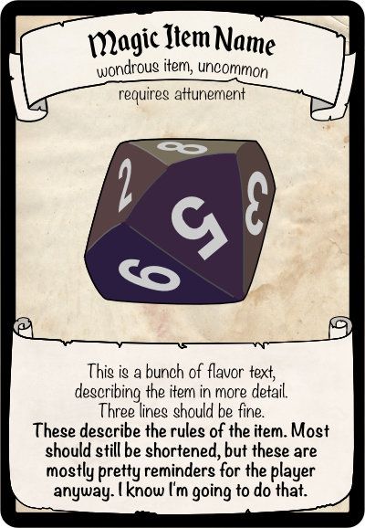 a card with the words magic item name and an image of a dice on it