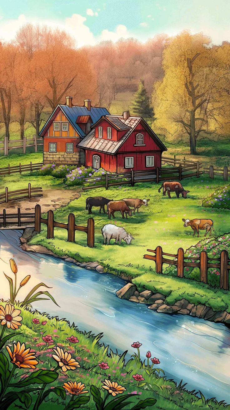 a painting of farm animals grazing in the grass next to a river and red barn