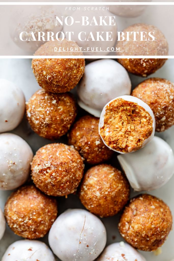 no - bake carrot cake bites in a white bowl with the title above it