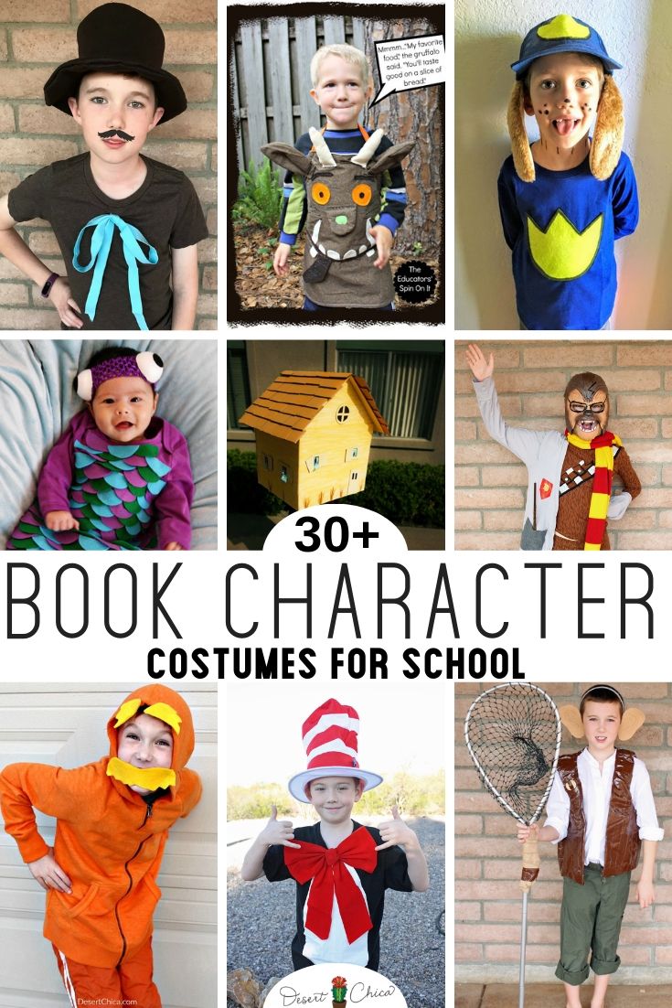 children's book character costumes for school and the title reads 30 + book character costumes for school