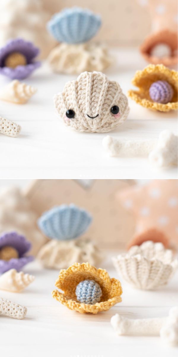 crocheted sea shells and seashells are shown in three different photos, one is