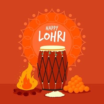 happy lohri festival poster with drum and fire