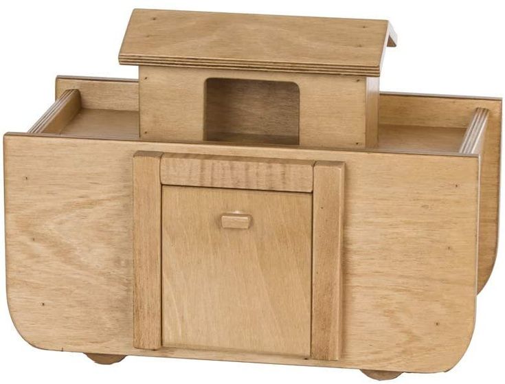 an unfinished wooden toy kitchen with drawers and cupboards on wheels is shown in front of a white background