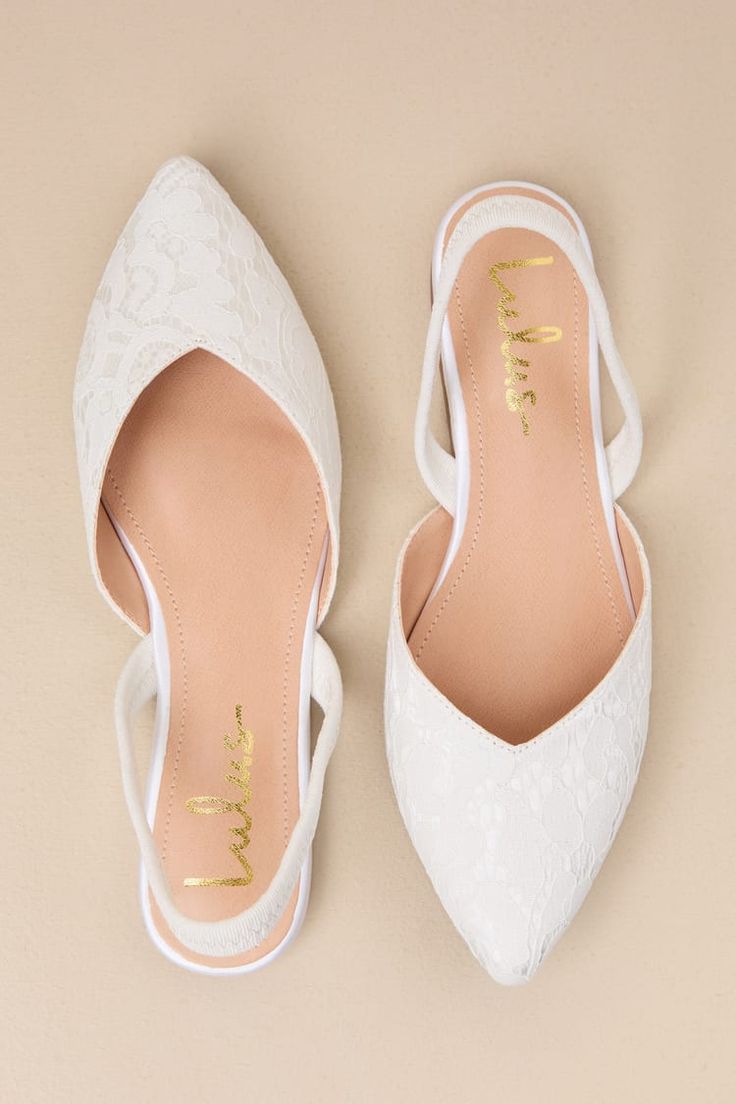 White Lace Flats - Lace Slingback Flats - Pointed-Toe Lace Flats - Lulus White Wedding Shoes Flats, White Lace Flats, Comfortable Wedding Heels, Bride Flats, White Flat Shoes, Wedding Shoes Comfortable, Bridal Flats, White Dress Shoes, Lace Flats