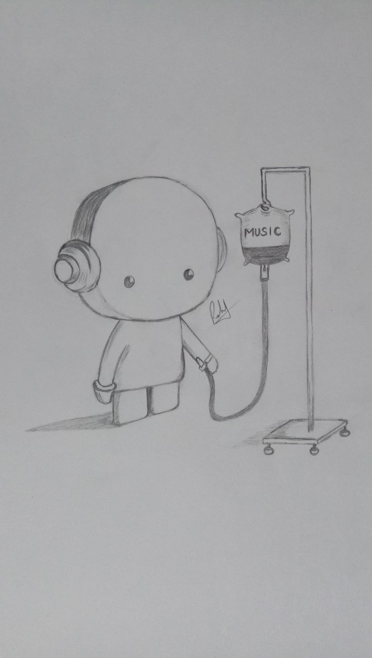 a drawing of a person with headphones and a music device in front of him