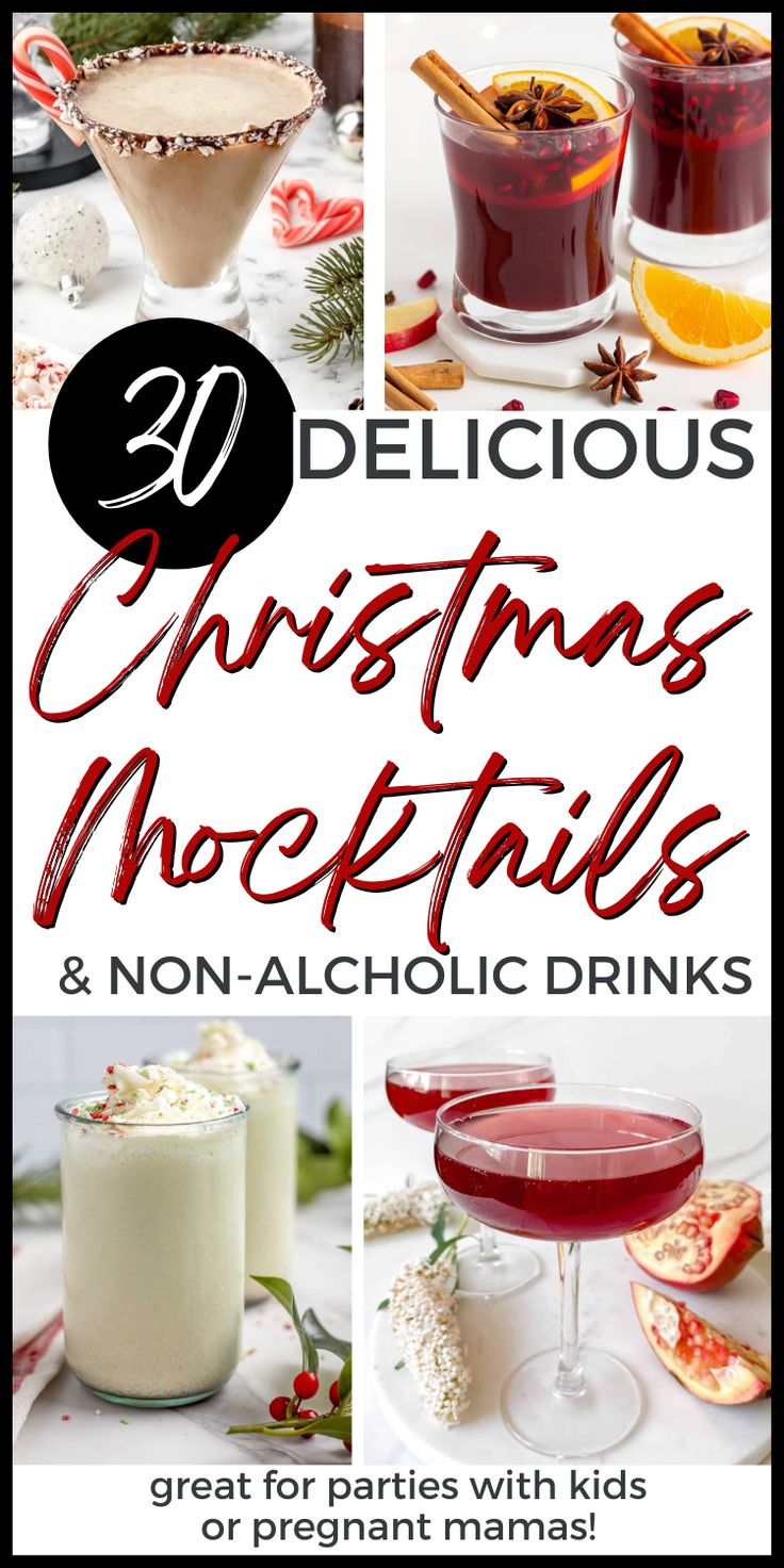 christmas cocktails and non - alcoholic drinks with text overlay