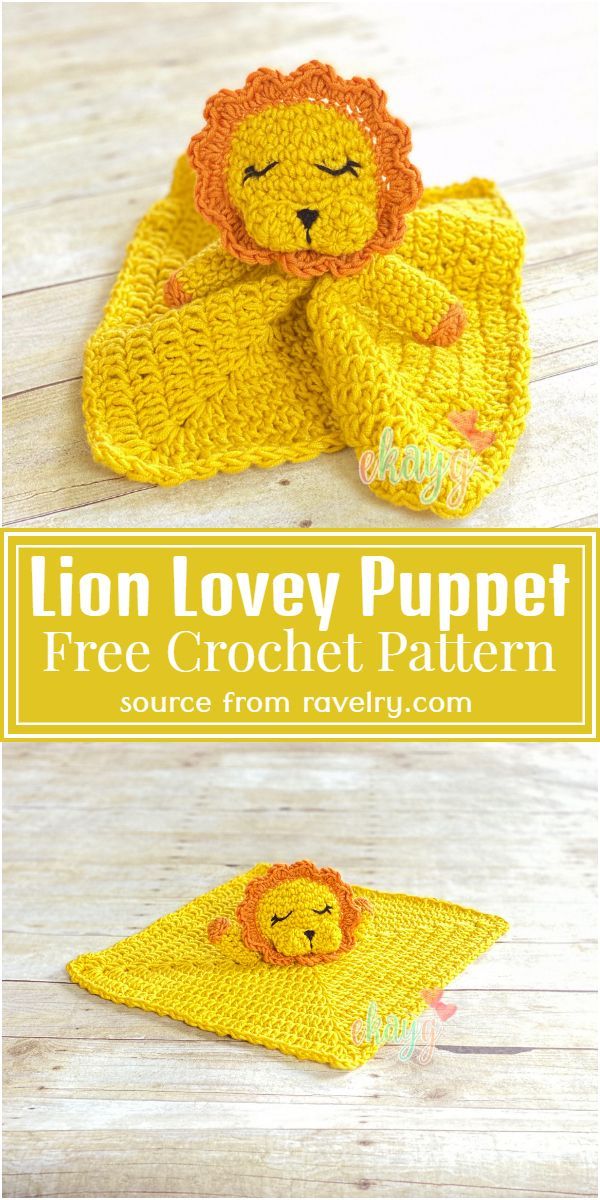 the lion lovey puppet is made from crochet