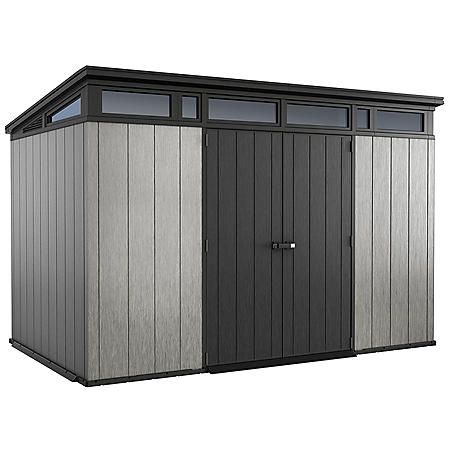 an outdoor storage shed with the door open and windows on it's side, in front of a white background