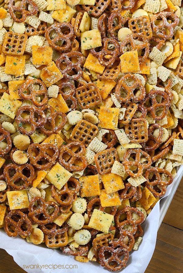 the cheesy snack mix is ready to be eaten