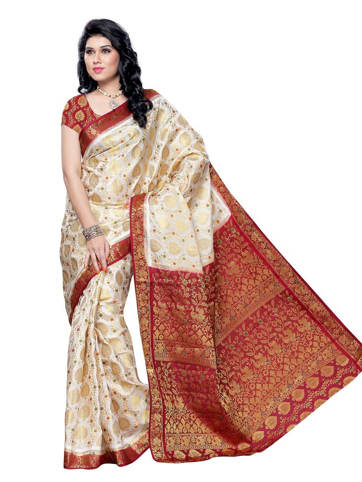 PRICES MAY VARY. Artificial Silk Fold closure Dry Clean Only Saree Nature : This saree's material has a silky, shiny quality. This saree was made with a lot of manual labor, including hand dyeing and preparation. This traditional and lovely Kanchipuram Style art silk saree with a vibrant colour combination will undoubtedly give your appearance and personality a new look. Soft Silk Fabric : Off-white & Maroon color Art silk fabric Saree .The blouse piece material unstitched 0.80m is also offered White And Red Saree, Dhakai Jamdani Saree, Silk Saree Kanchipuram, Crepe Saree, Wedding Silk Saree, Art Silk Sarees, Red Saree, Silk Saree With Blouse, Durga Puja