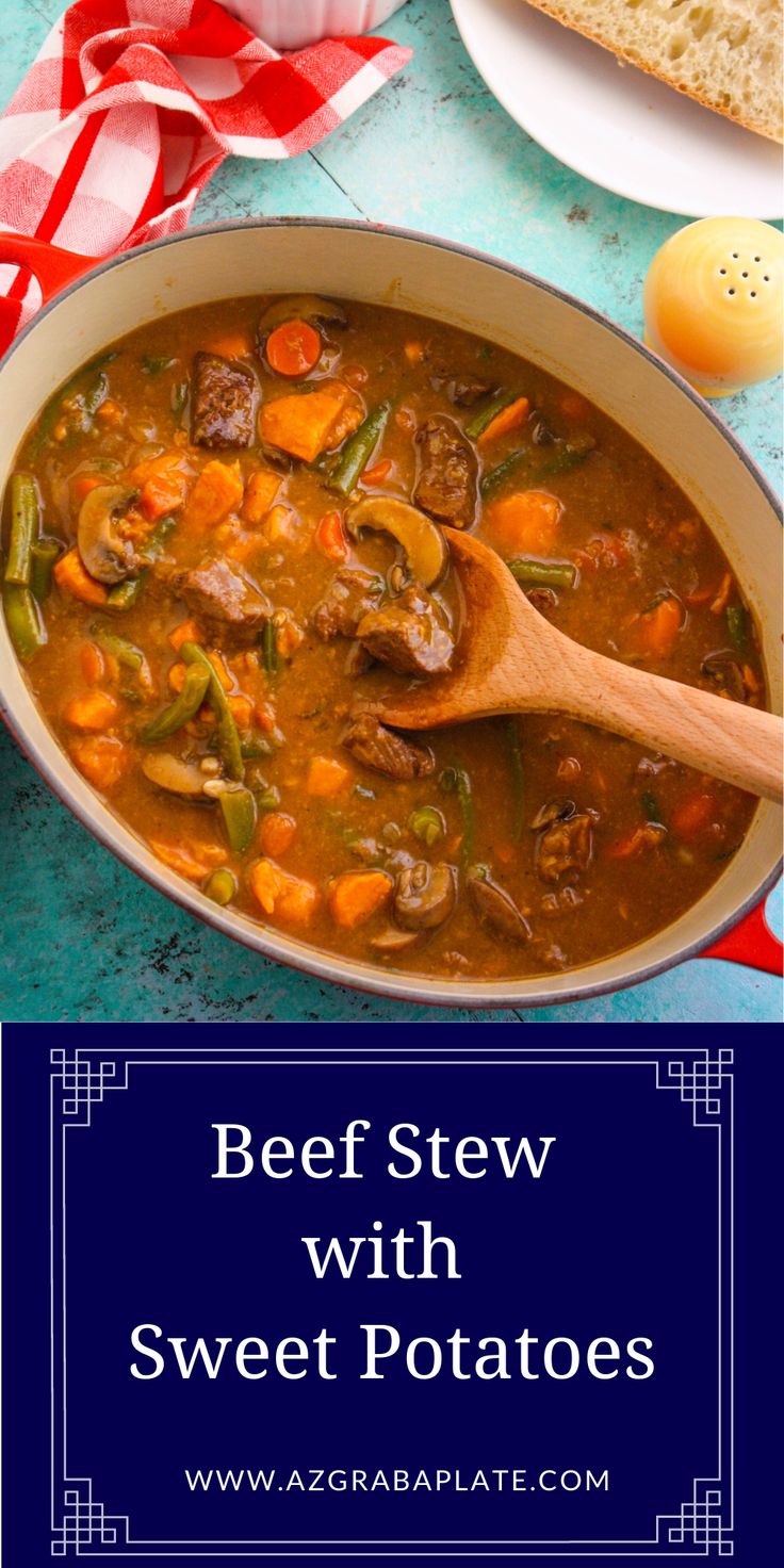 beef stew with sweet potatoes and carrots in a white bowl on a blue table