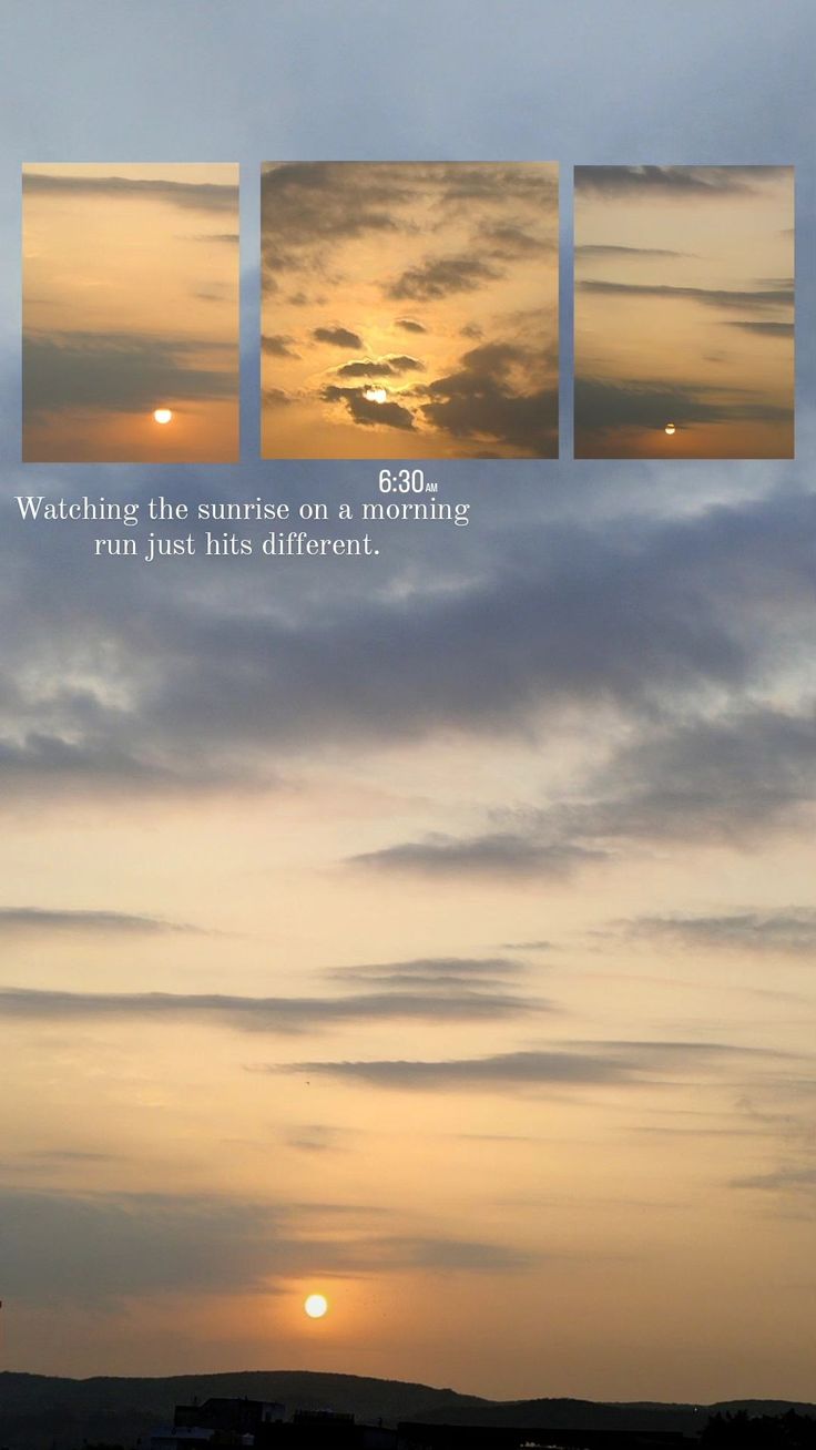 the sun is setting behind some clouds and there are three pictures on top of it