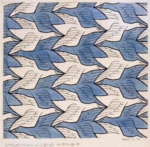 a blue and white pattern with birds flying in the sky on it's surface