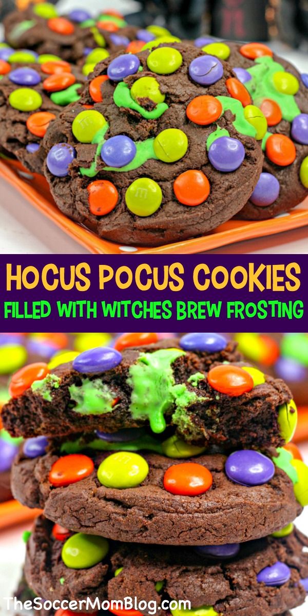 chocolate cookies filled with halloween candy are stacked on top of each other and the words hocps pocus cookies