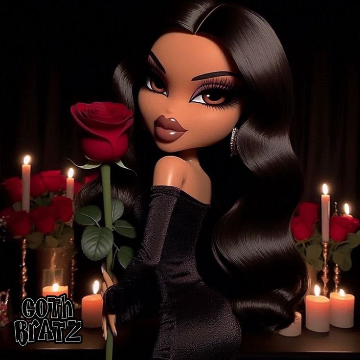 a close up of a doll with candles and roses in the back ground behind it