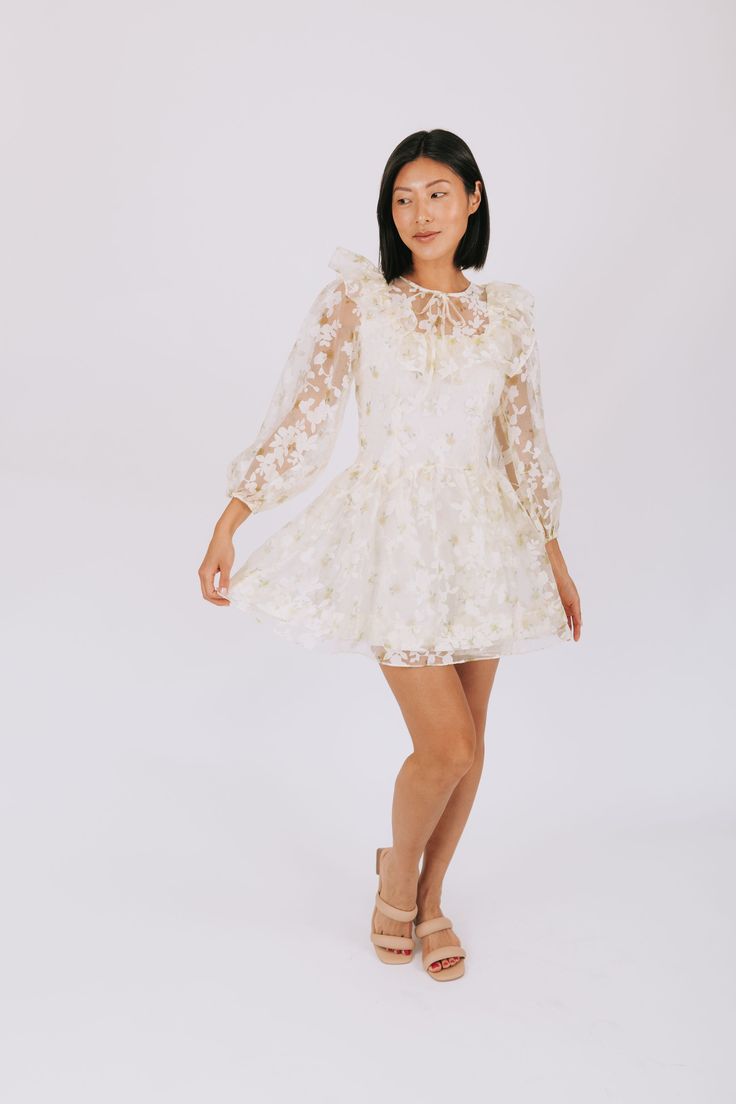 Embrace a playful and unique look with our Afternoon Limeade Dress featuring stunning floral embroidery. The long, puffy sleeves and ruffles around the neckline add a touch of whimsy to this fun and stylish piece. Perfect for a day out or a casual date night. Details Floral embroidery Long, puffy sleeves Ruffles around neckline Light green sheer overlay over off white lining Lined through bodice + skirt Zipper closure on back Sizing Approximate measurements: SIZE LENGTH BUST Small 32" 34" Medium Feminine Puff Sleeve Dress With Ruffles For Garden Party, Spring Dresses For Brunch With Bishop Sleeves, Spring Brunch Dress With Bishop Sleeves, Fall Puff Sleeve Dress With Ruffles, Cream Lantern Sleeve Dresses For Spring, Feminine Puff Sleeve Dress With Lantern Sleeves For Spring, Spring Feminine Puff Sleeve Dress With Lantern Sleeves, Feminine Puff Sleeve Dress For Fall, Feminine Spring Puff Sleeve Dress With Lantern Sleeves