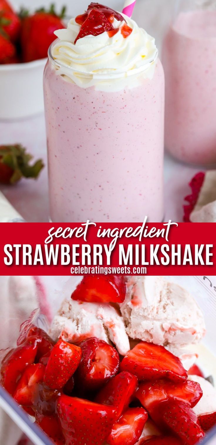 strawberry milkshake with whipped cream and strawberries in the background, on a white plate