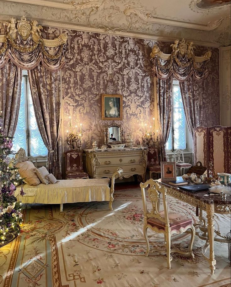 an ornate bedroom decorated for christmas with gold trimmings and drapes on the windows