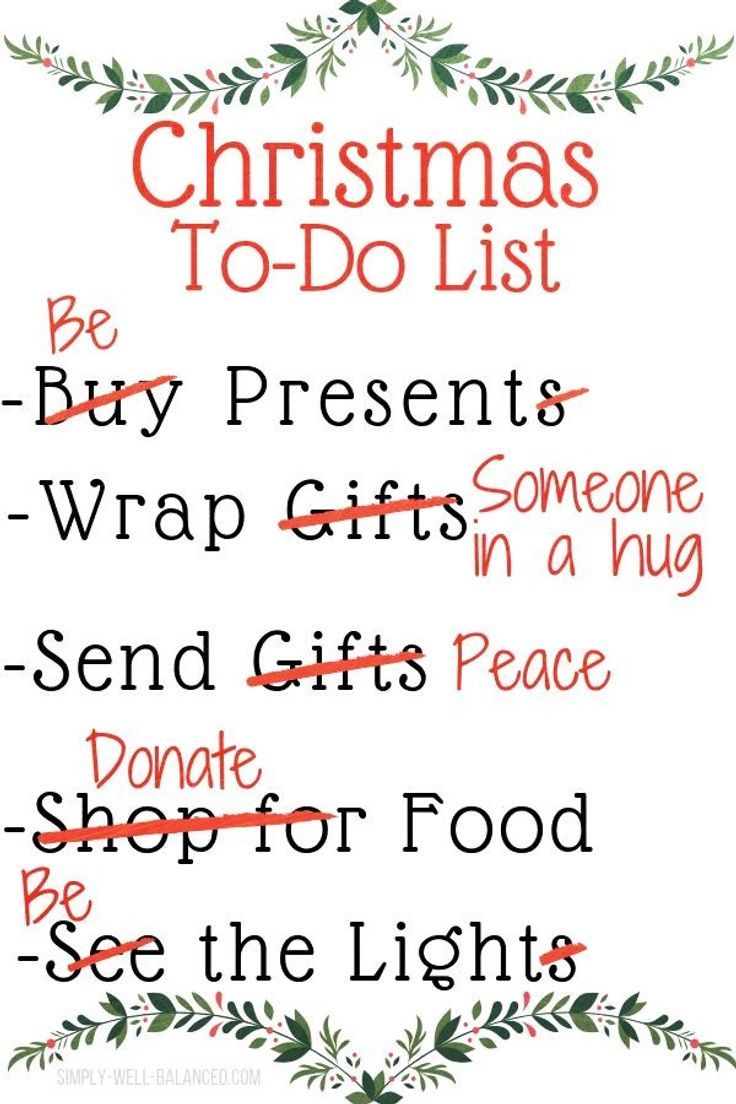 christmas to do list with the words, be merry presents wrap gifts in a hug and don't shop for food see the lights