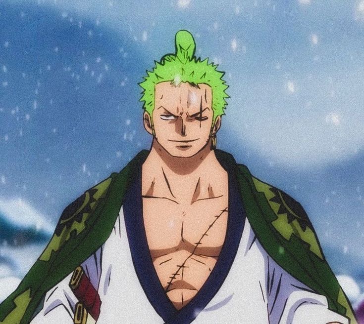 an anime character with green hair and no shirt standing in the snow looking at something