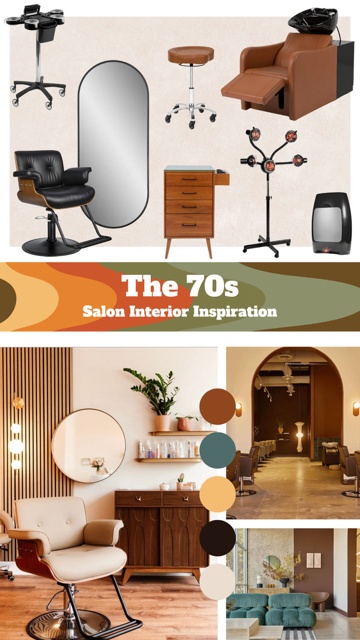 A mood board inspired by the 70s in salon interior inspiration. Mid Century Modern Salon Suite, 80s Salon Aesthetic, Retro Salon Decor, 70s Salon, Hairdresser Interior, At Home Hair Salon, Vintage Salon Decor, Brow Salon, Mobile Beauty Salon