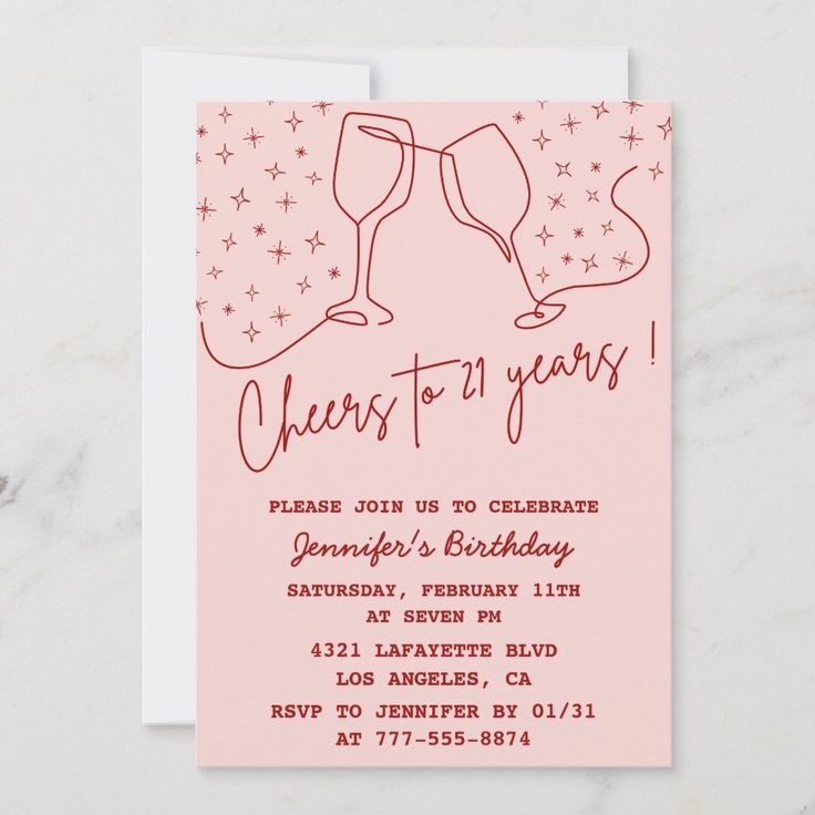 a pink birthday party card with two champagne glasses on it and the words cheers for years