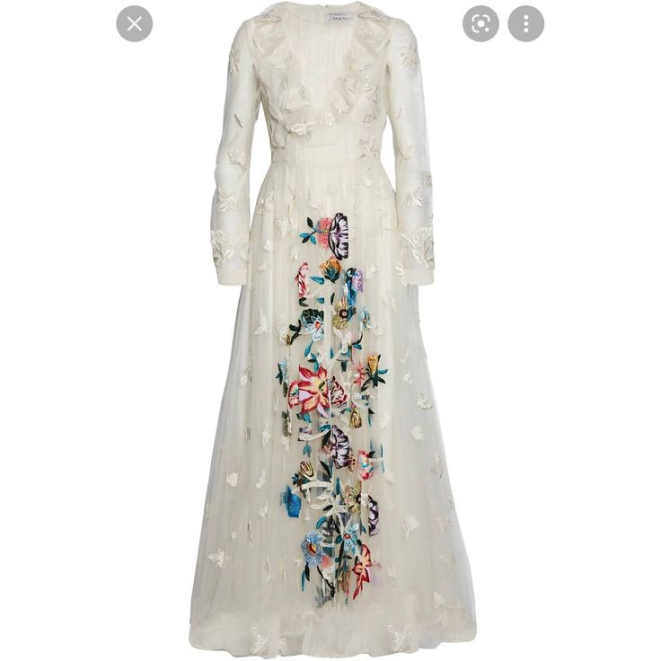 white long sleeve embroidered evening gown Elegant Wedding Dress With Floral Applique, Luxury White Maxi Gown, White Embroidered Gown For Party, Embroidered White Gown For Party, Luxury White Maxi Dress For Evening, Luxury White Evening Maxi Dress, Fitted Floral Applique Maxi Dress For Wedding, White Floor-length Dress With Floral Embroidery, White Floral Embroidery Floor-length Dress