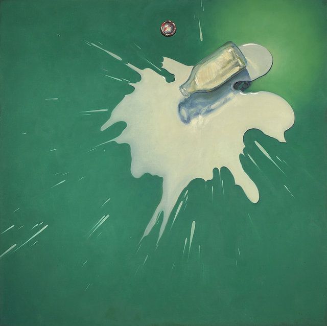 a painting with white paint and a bottle on the ground in front of green background