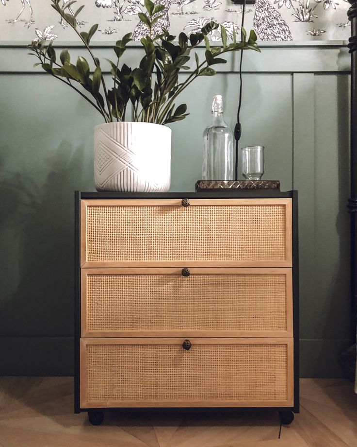 a plant is sitting on top of a dresser