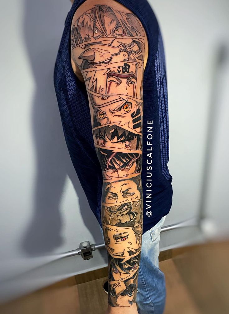 a man's arm with many different tattoos on it