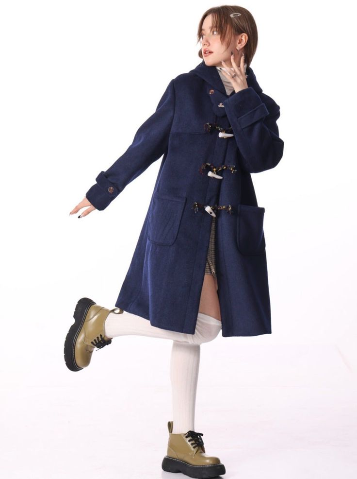 ❤mid-length hooded wool coat❤︎ Hooded Wool Coat, Tweed Coat, Wool Coat, Skirt Pants, Mid Length, Dress To Impress, Blue Color, Street Style, Sleeve Length