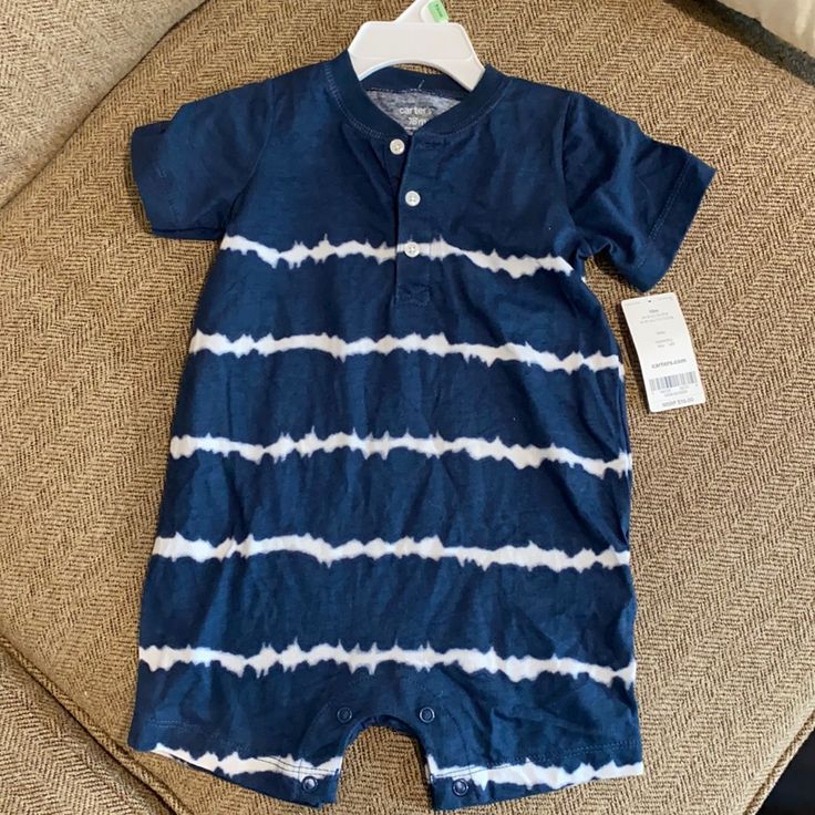 Boys Summer Romper Blue White Tie Dye Designed With Short Sleeves And A Henley Style Neckline Features: Short Sleeves Snaps At The Legs For Easy Changes 18 Months Nwt Boys Summer, Tie Dye Designs, Summer Boy, White Tie, Baby Clothes, Blue White, Tie Dye, Rompers, Short Sleeves