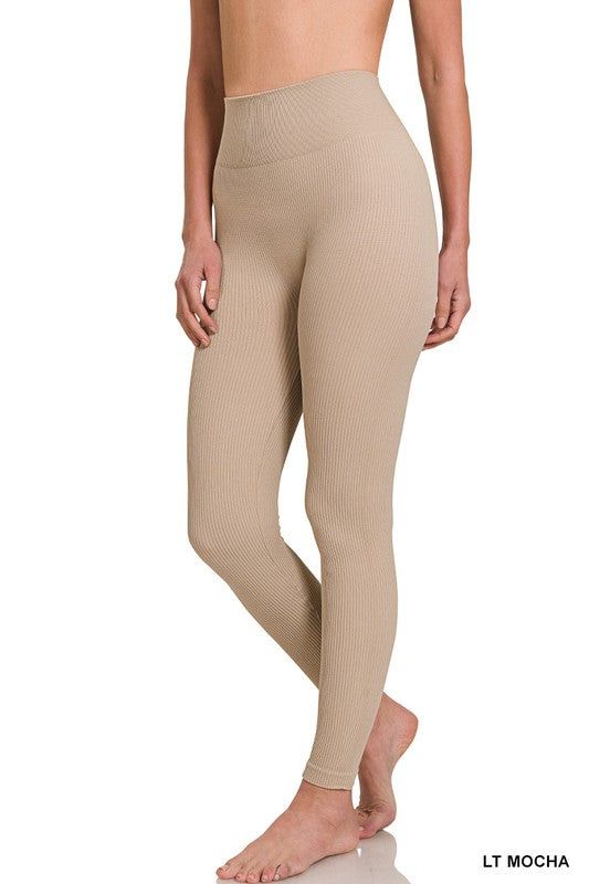 High-waist leggings made from ribbed fabric hug the body in a comfortable seamless fit. Material: 90% nylon, 10% spandex Stretch: Highly stretchy Care: Machine wash cold. Tumble dry low. Imported Style #NP-6088 Product Measurements Total waist: 21.5", inseam: 23.5" approx. Measured from S/M Brown High Waist Yoga Leggings, High-waist High-stretch Brown Leggings, Solid Color Full-length Leggings With Ribbed Waistband, Tight High-waist Brown Leggings, Fitted Full-length Beige Leggings, Buy Leggings, China Style, Legging Fits, Love And Co