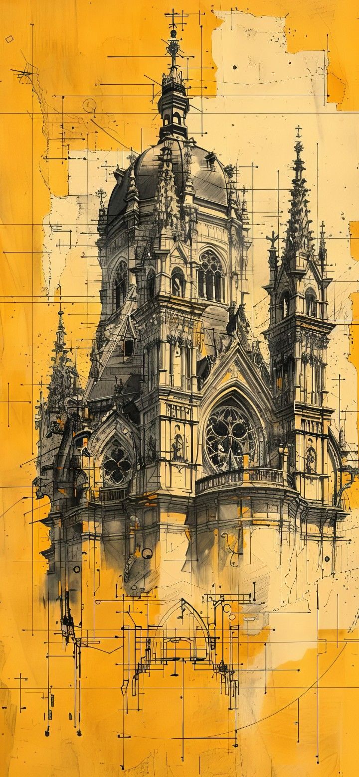 an artistic drawing of a building on yellow paper