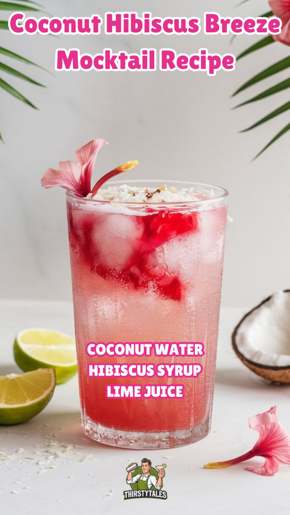 coconut hibiscus breeze mocko cocktail recipe in a glass with ice and garnishes