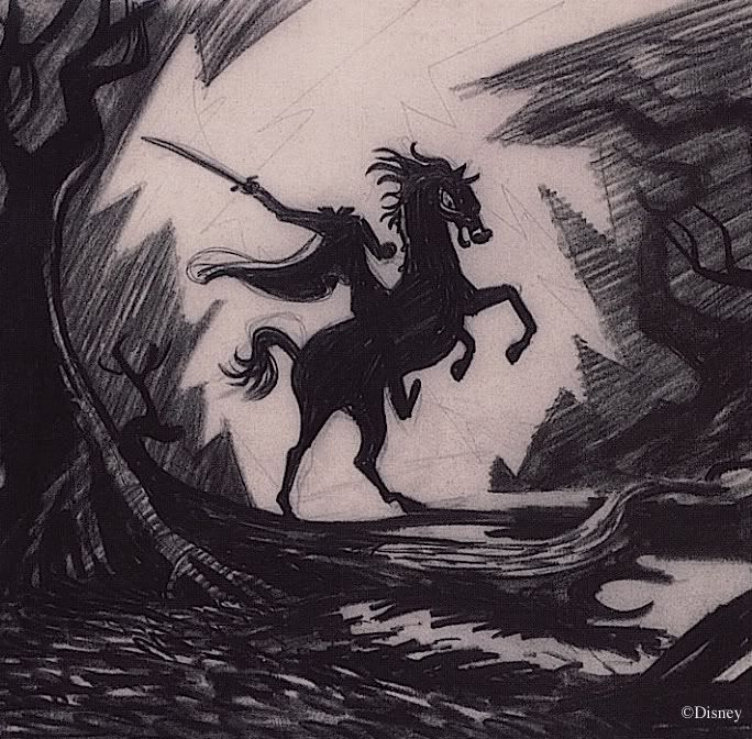 a black and white drawing of a man on a horse in front of a tree