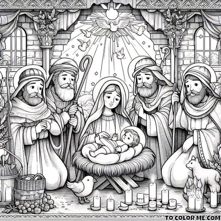 a black and white drawing of the birth of jesus