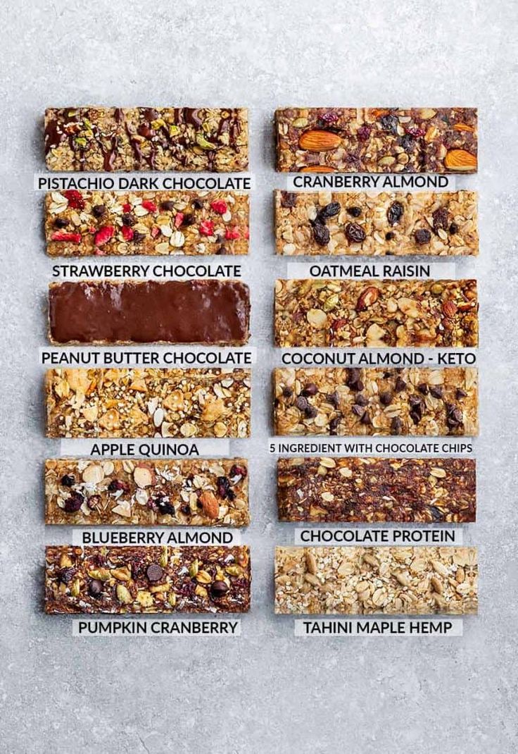 six bars with different types of granola on them