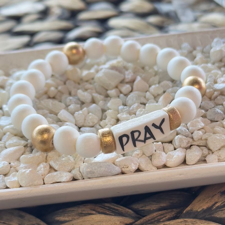 Affirmation bracelets featuring a hand-lettered affirmation focal bead and our abstract print beads and gold logo charm. Stretchy to fit most wrists. Word Bracelets, Affirmation Bracelets, Clay Bracelets, Beaded Braclets, Sweet Grace, Mule Sneakers, Word Bracelet, About God, Clay Bracelet