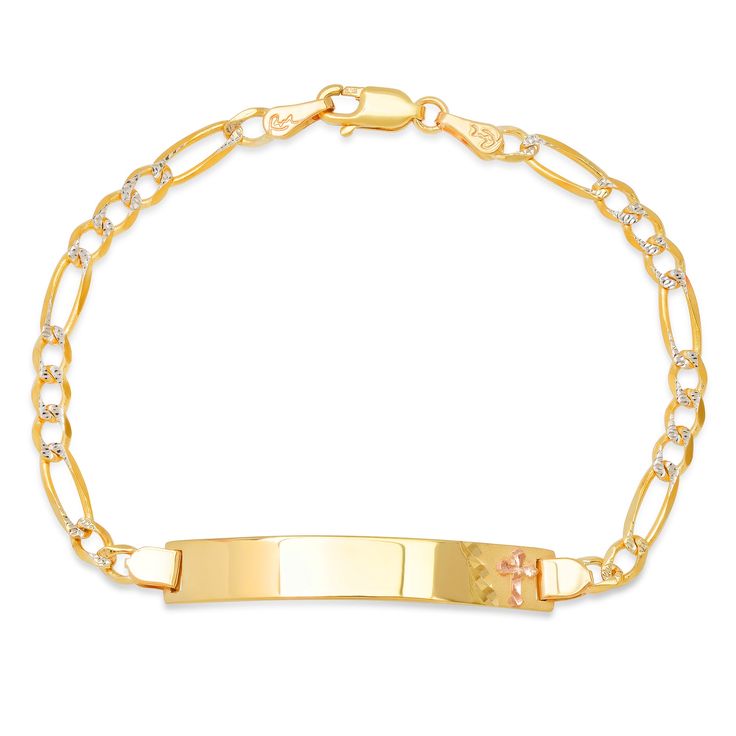 Signature Roberto Martinez designs made with imported Italian chain. Solid 14K Yellow and Rose gold Secure lobster claw clasp Your choice of design to personalize ID plaque dimensions are 1.45 inch long x .24 inch wide Average weight approximately 5.05 gr. Style # GB7379, GB7384, GB7381, GB7383 Elegant Gold Name Bracelet With Lobster Clasp, Personalized Yellow Gold Oval Link Jewelry, 14k Gold Figaro Chain Nameplate Jewelry, Personalized 14k Gold Link Jewelry, Personalized Oval Link Jewelry For Formal Occasions, 14k Gold Engraved Link Jewelry, Engraved 14k Gold Link Jewelry, 14k Gold Link Jewelry With Engraving, 14k Gold Rectangular Bracelet With Lobster Clasp