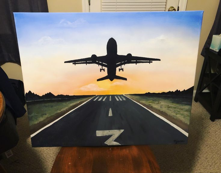 an airplane is taking off from the runway at sunset, painting on canvas with easel