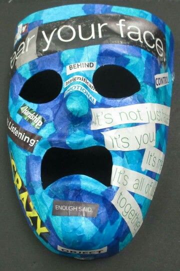 a blue mask with words written on it