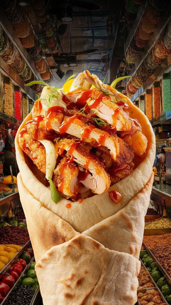 a large pita filled with lots of meat and sauce on top of it's wrapper