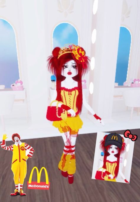 a woman dressed in red and yellow is walking through a room with mcdonald's