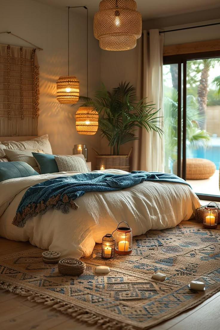 a bedroom with candles lit on the floor