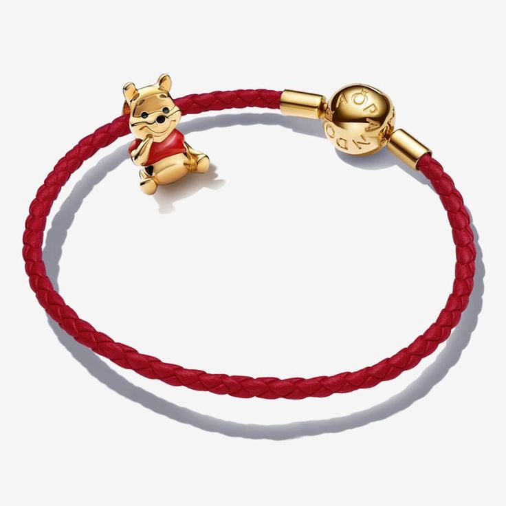 Winnie the Pooh Red and Gold Leather Bracelet Set Winnie The Pooh Cute Gifts, Pandora Disney Christmas Bracelet, Gold Leather Bracelet, Pandora Red, Cute Winnie The Pooh, Bracelet Size Chart, Pandora Disney, Pandora Bracelet Charms, Disney Jewelry