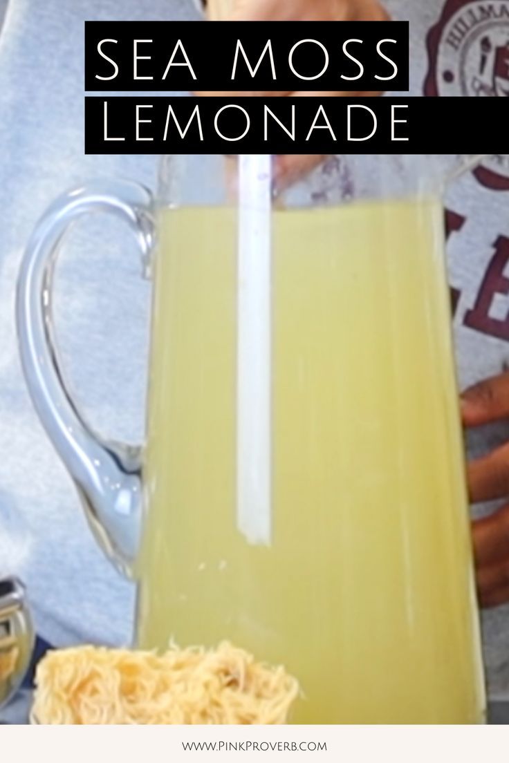 a person is holding a pitcher of lemonade in front of the camera with text overlay that reads sea moss lemonade