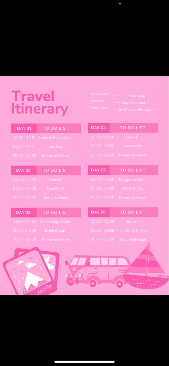 a pink poster with the words travel itinerary on it's back side