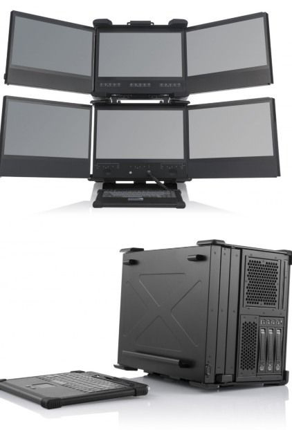 four monitors and a keyboard on top of each other, with the same screen in different positions